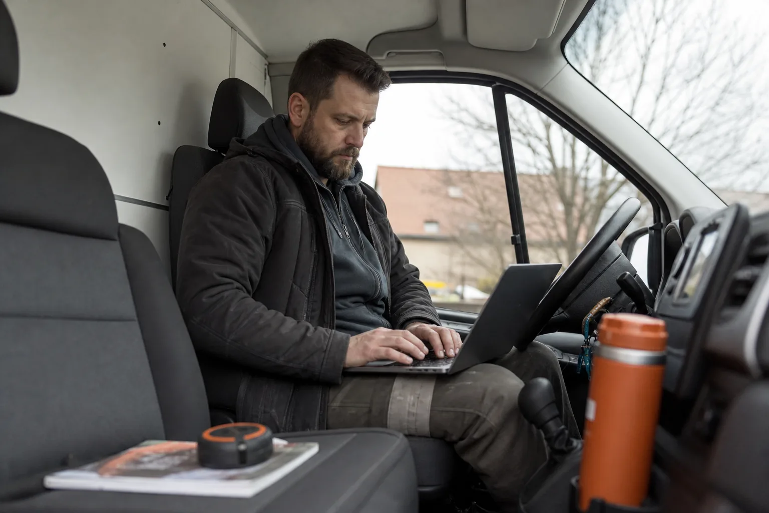 Handlowiec firmy instalacyjnej przygotowuje wycenę na laptopie w samochodzie służbowym