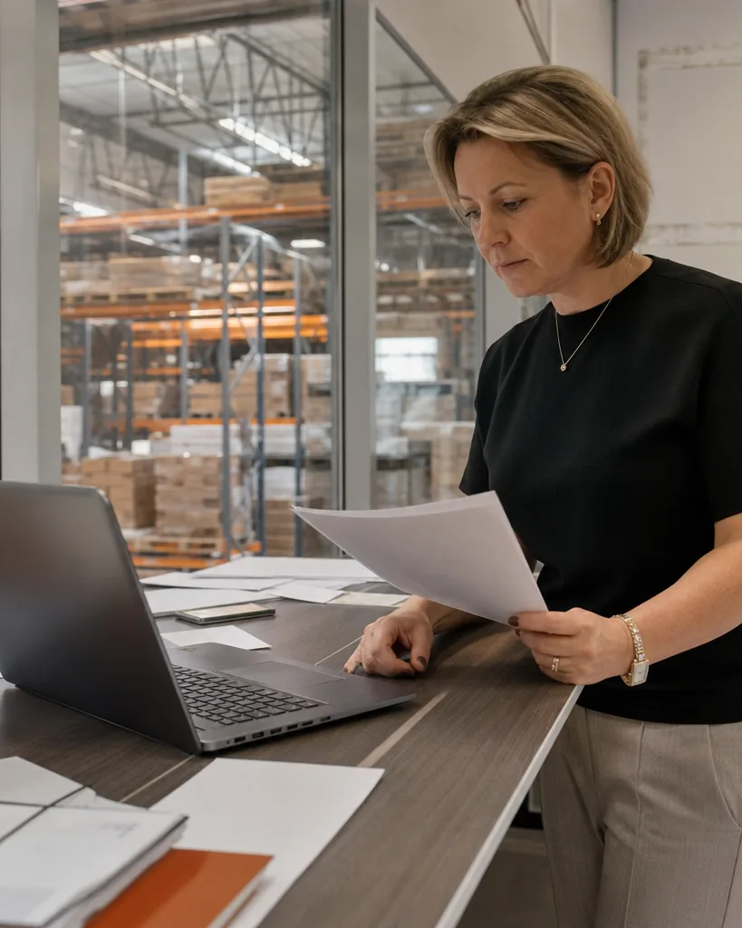 Dyrektor operacyjna hurtowni sprawdza zamówienia na laptopie