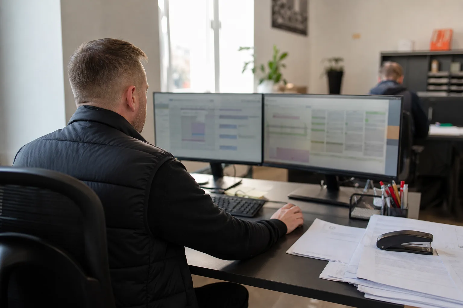 Koordynator operacji filtruje listę zamówień i statusów na dwóch monitorach w biurze