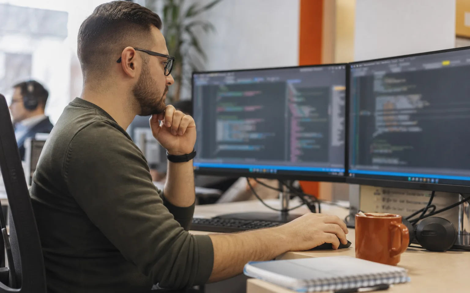 Programista przegląda zmiany w kodzie systemu klienta na dwóch monitorach