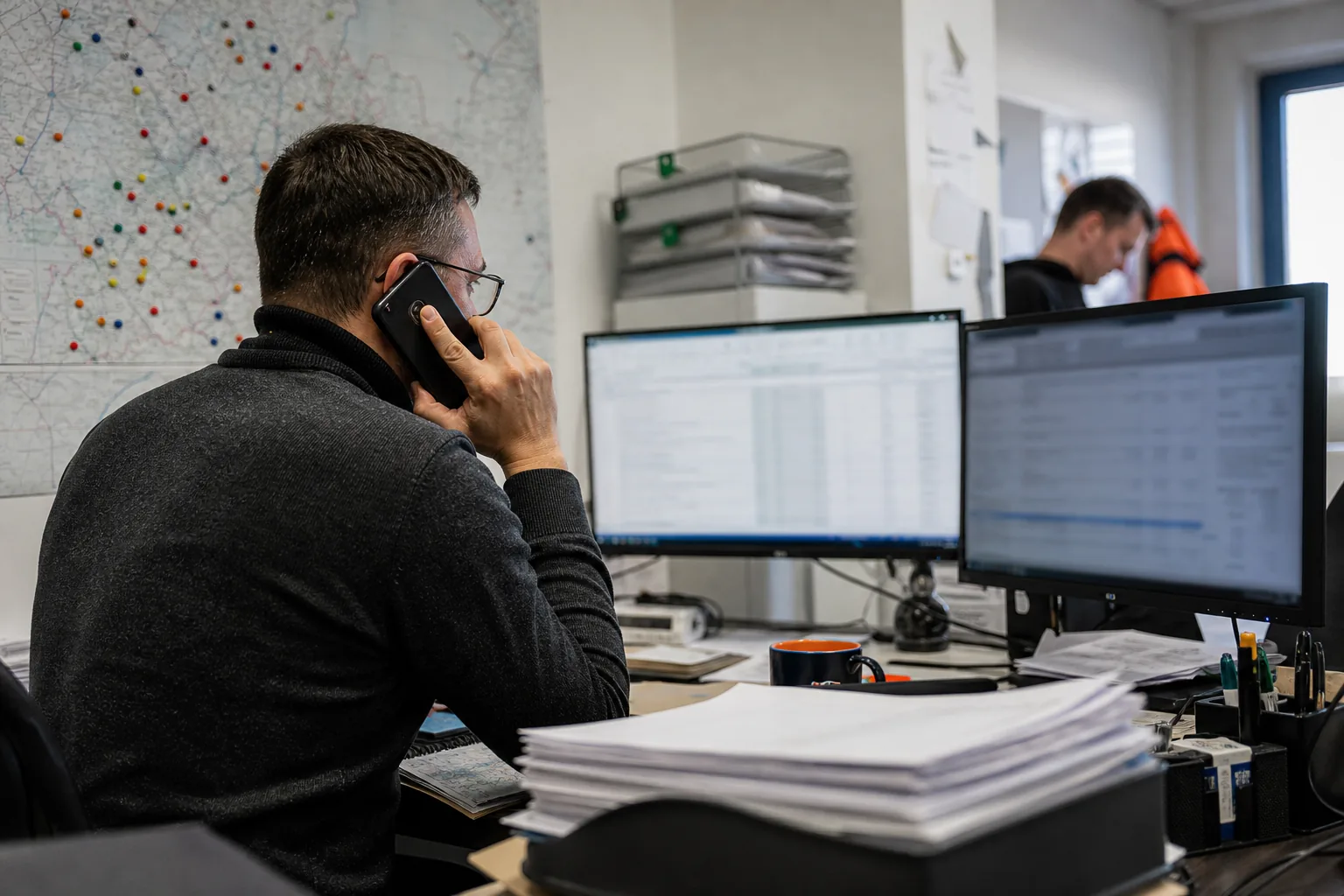 Spedytor w biurze firmy transportowej pracuje przy dwóch monitorach z listą zleceń i telefonem w ręku