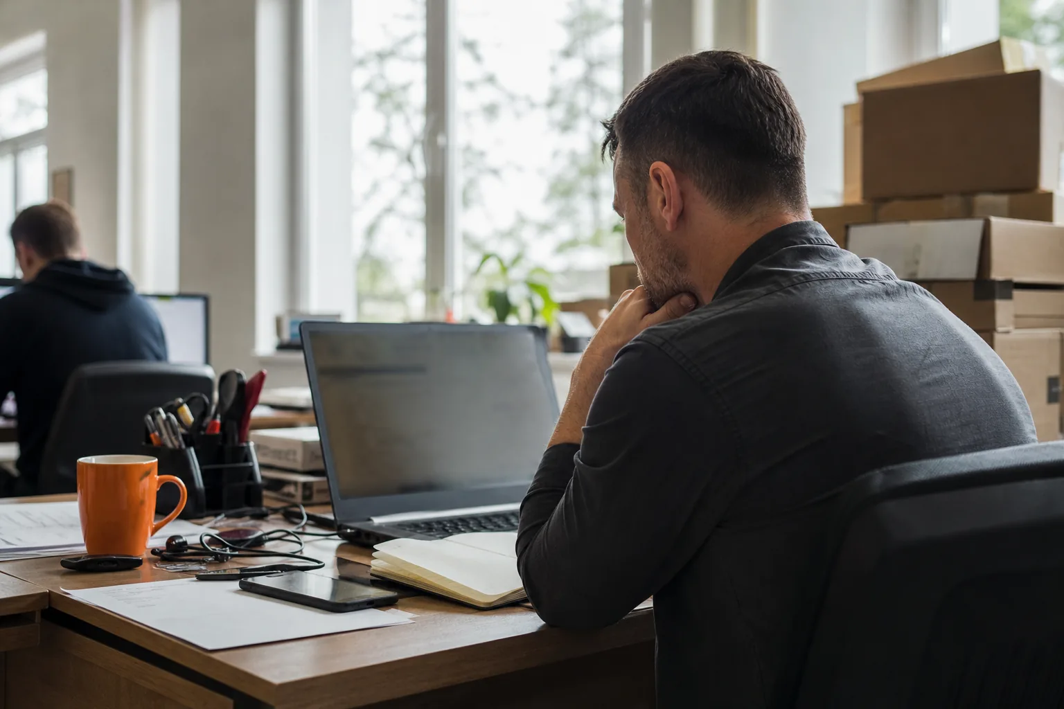 Specjalista do spraw zakupów w firmie klienta sprawdza na laptopie status zamówienia u dostawcy