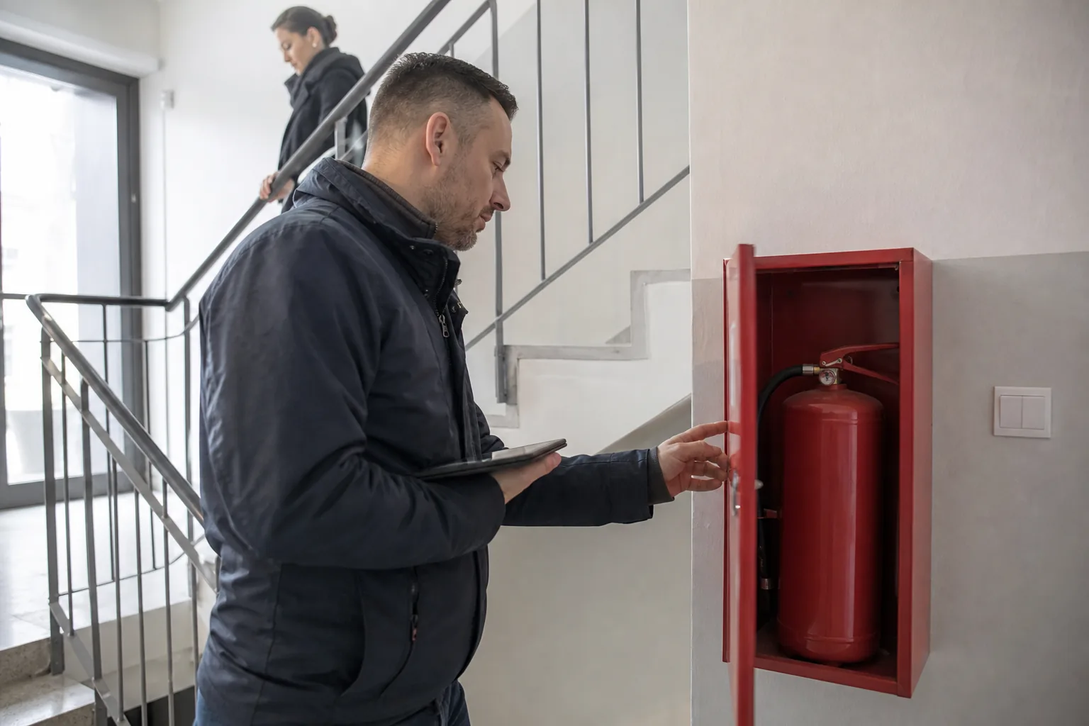 Zarządca nieruchomości z tabletem sprawdza stan klatki schodowej w budynku mieszkalnym
